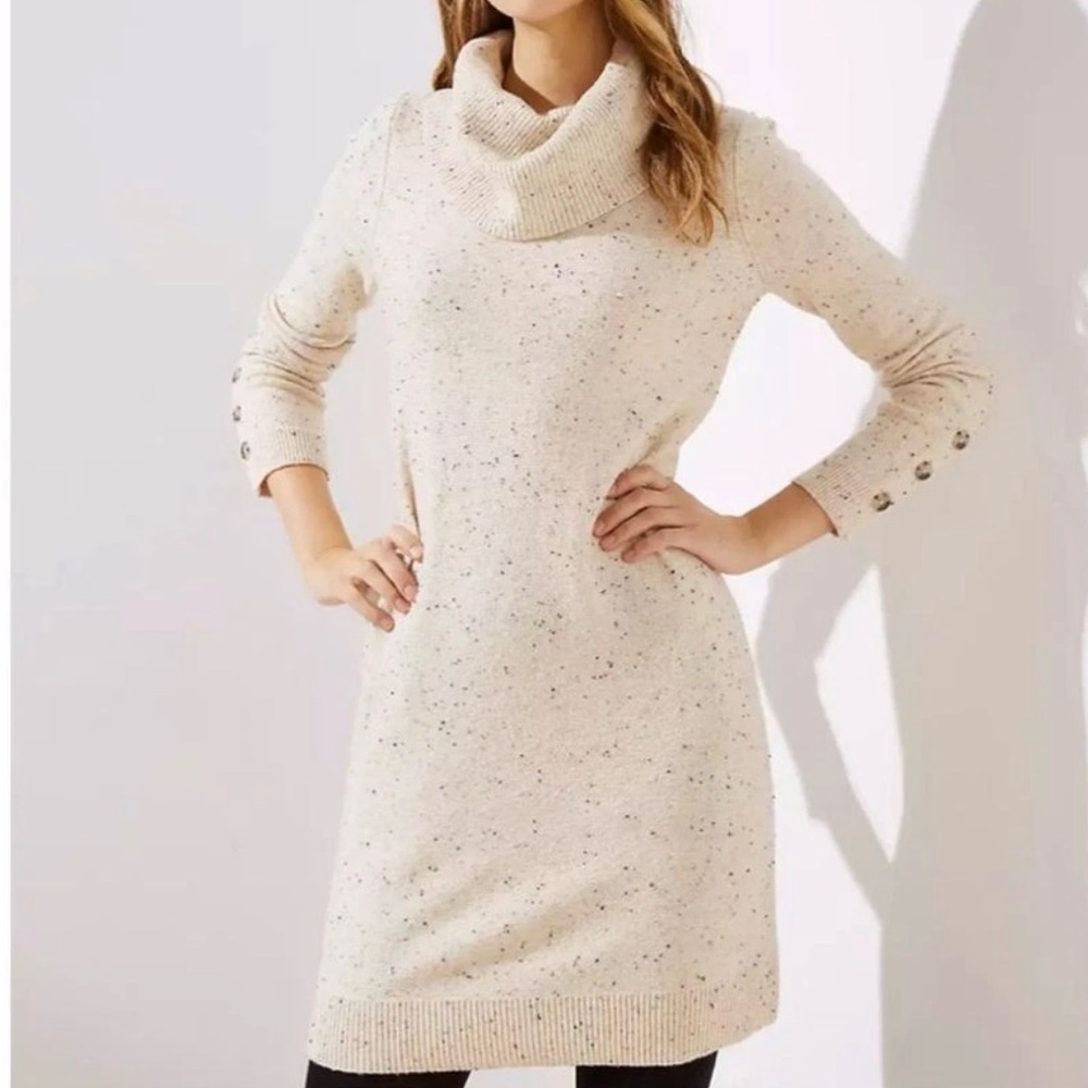 NWT Loft Cozy Cream Button Sleeve Turtleneck Sweater Dress